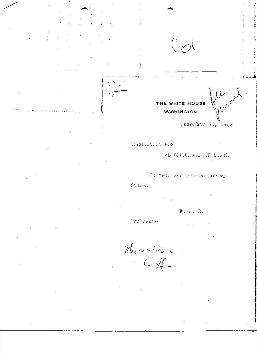 [a350c01.jpg] - Memo. FDR --> Secretary of State. 12/30/42.
