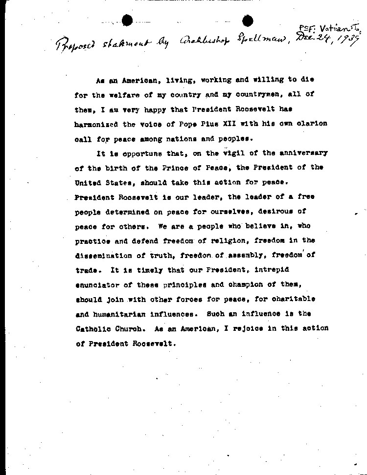 [a464f01.jpg] - statement by Archbis. Spellman 12/24/39