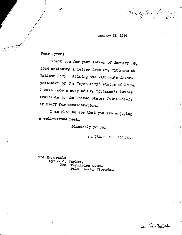 [a469a04.jpg] - Memo: FDR --> Myron Taylor 1/31/44