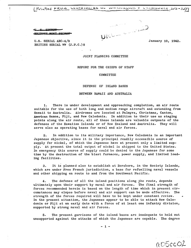 [a05cc01.jpg] - JAN 10,1942-JOINT PLANNING COMMITTEE-REPORT FOR THE CHIEF OF STAFF COMMITTEE PAGE-1