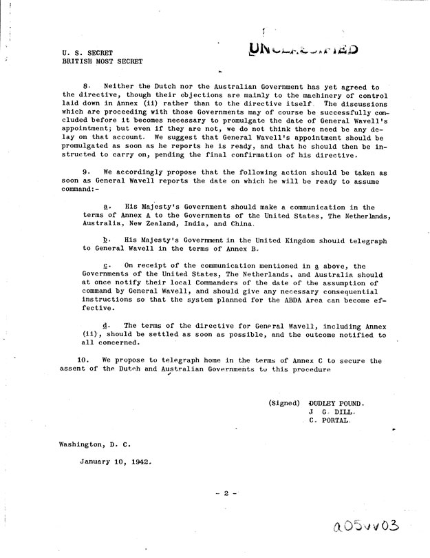 [a05vv03.jpg] - United States-British Chiefs of Staff, Proceedure for Assumption of Command by General Wavell, January 10, 1942