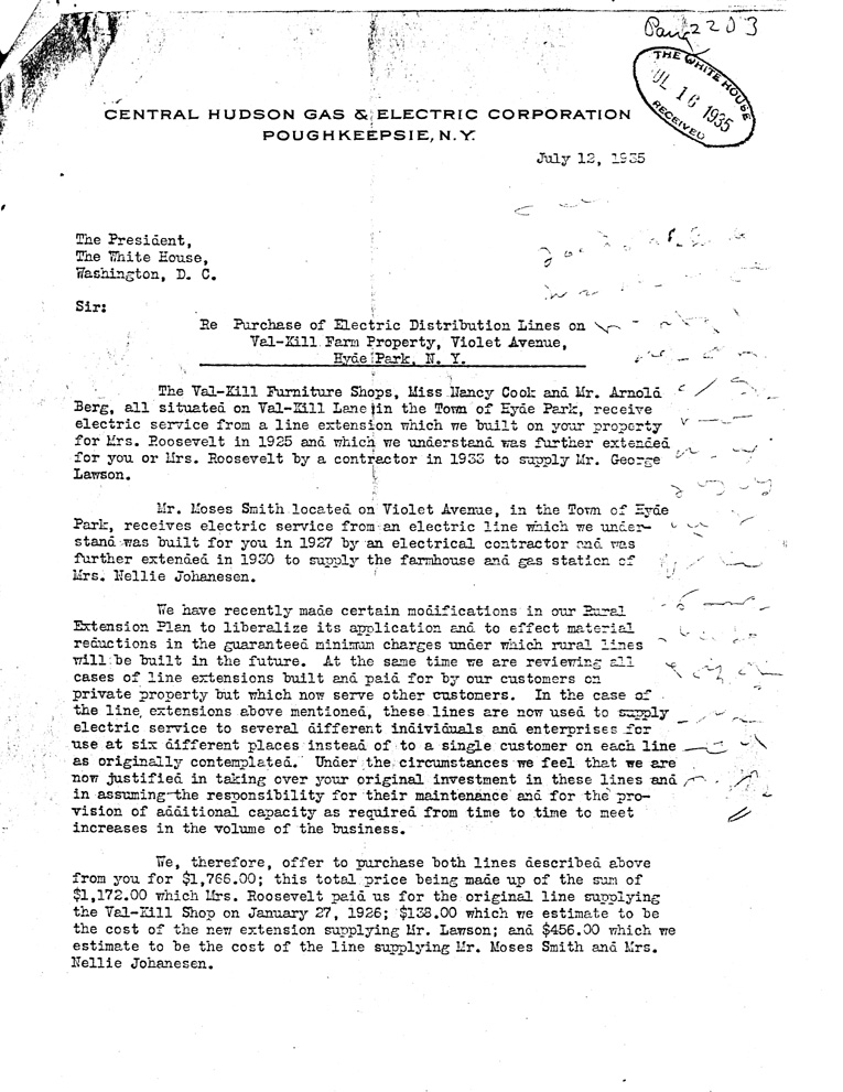 [a907ag01.jpg] - Letter to President Roosevelt from Central Hudson Gas & Electric corp. July 12, 1935
