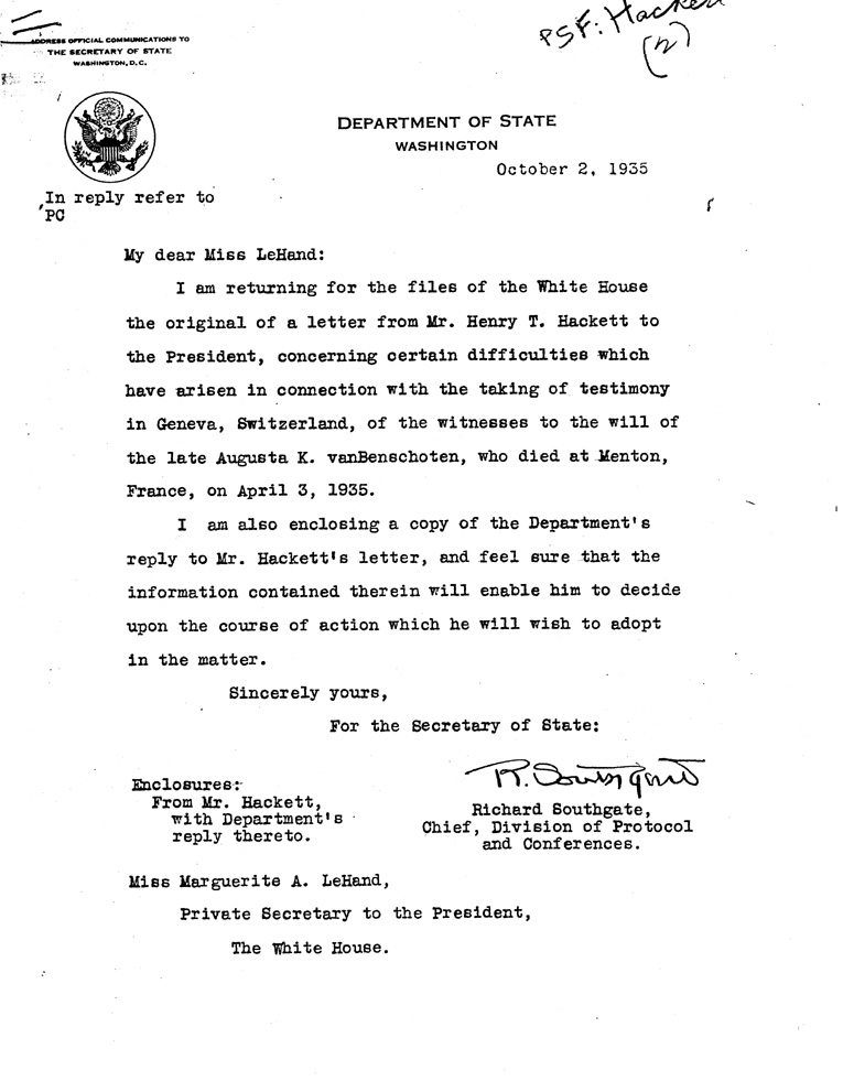 [a907al01.jpg] - Letter to Miss Lehand from Richard Southgate, Chief division of Protocol, October 2, 1935