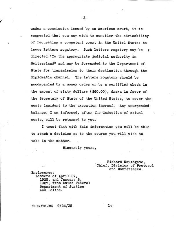 [a907al02.jpg] - Letter to Miss Lehand from Richard Southgate, Chief division of Protocol, October 2, 1935