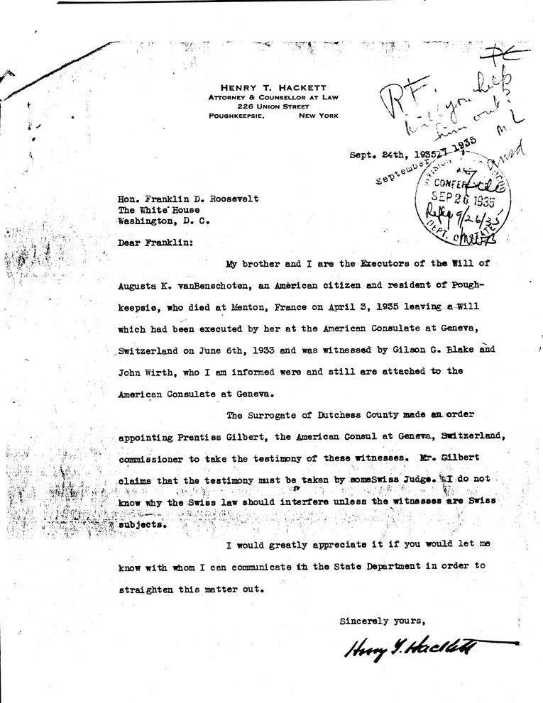 [a907an01.jpg] - Letter to  FDR from Hackett Sept 24, 1 935