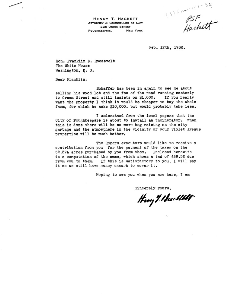 [a907bf01.jpg] - Letter to FDR from Hackett February 12, 1936