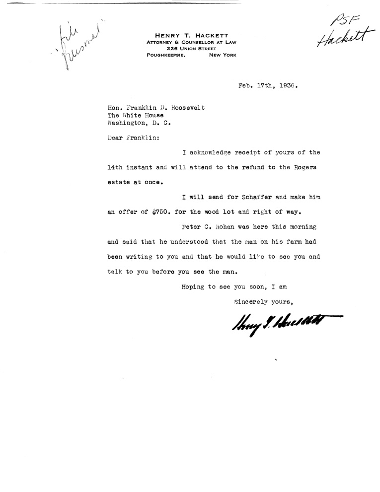 [a907bi01.jpg] - Letter to FDR from Hackett February 17, 1935
