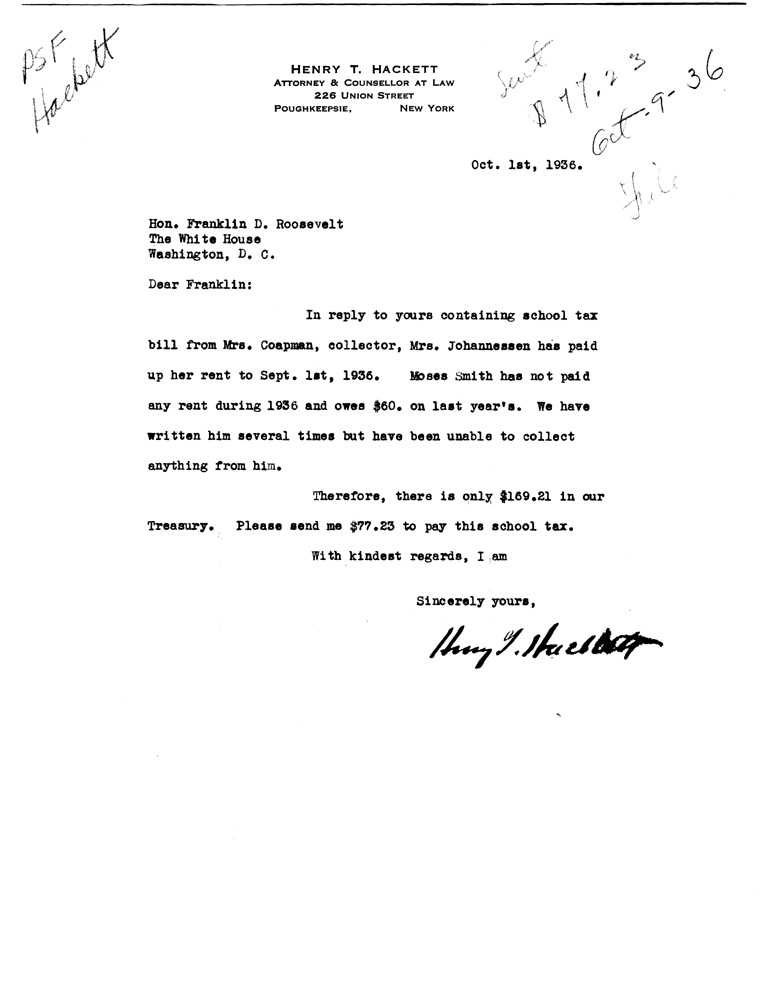 [a907bp01.jpg] - Letter to FDR from Hackett October 1, 1936