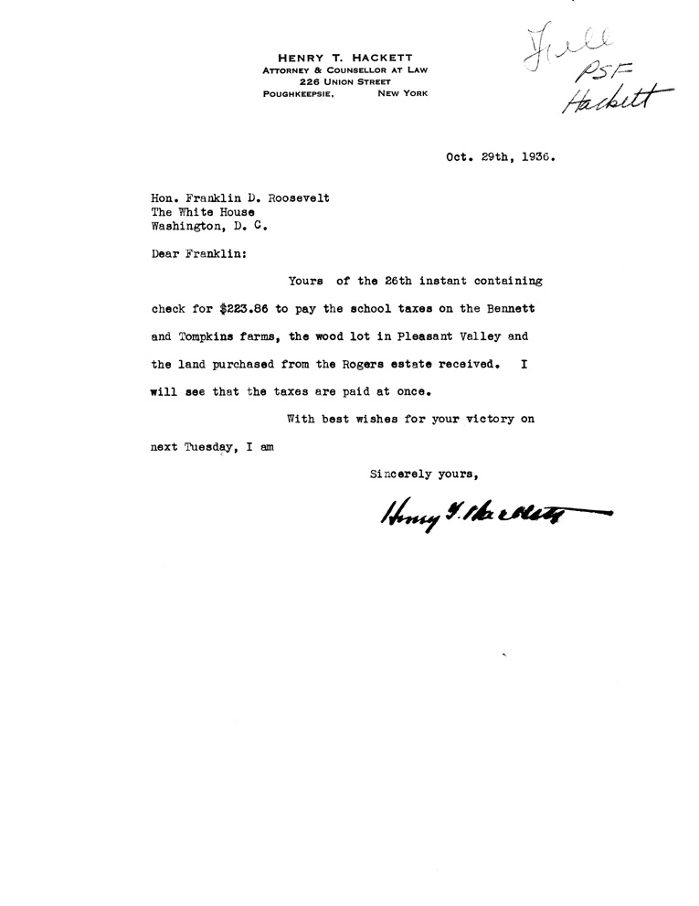 [a907bt01.jpg] - Letter to FDR from Hackett October 29, 1936