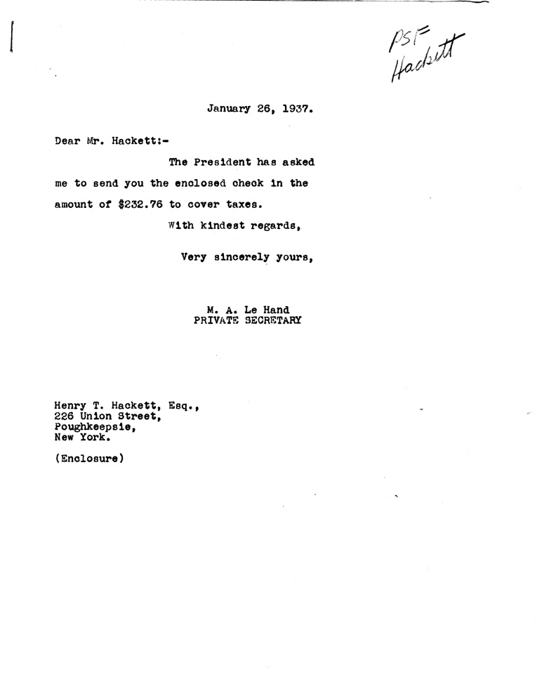 [a907bu01.jpg] - Letter to Hackett from  M.A. Le Hand, President Secretary,  January 26,1937