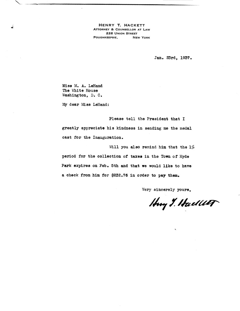 [a907bv01.jpg] - Letter to M.A. Le Hand from Hackett January 23, 1937