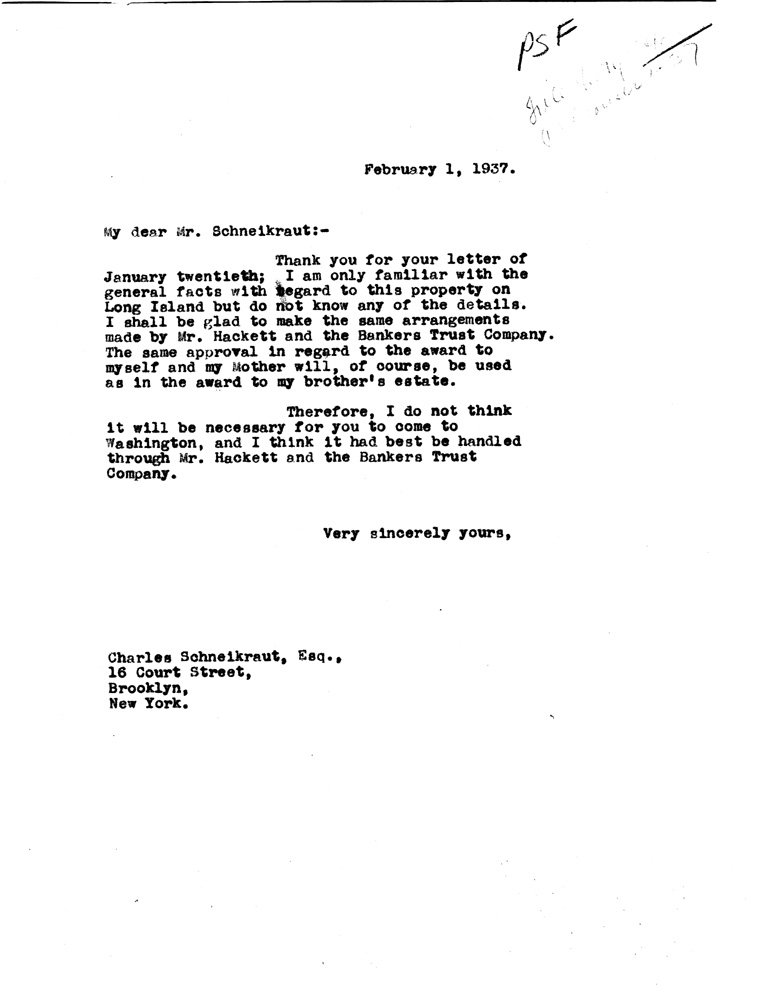 [a907bw01.jpg] - Letter to Mr. Schneikraut from FDR February 1, 1937