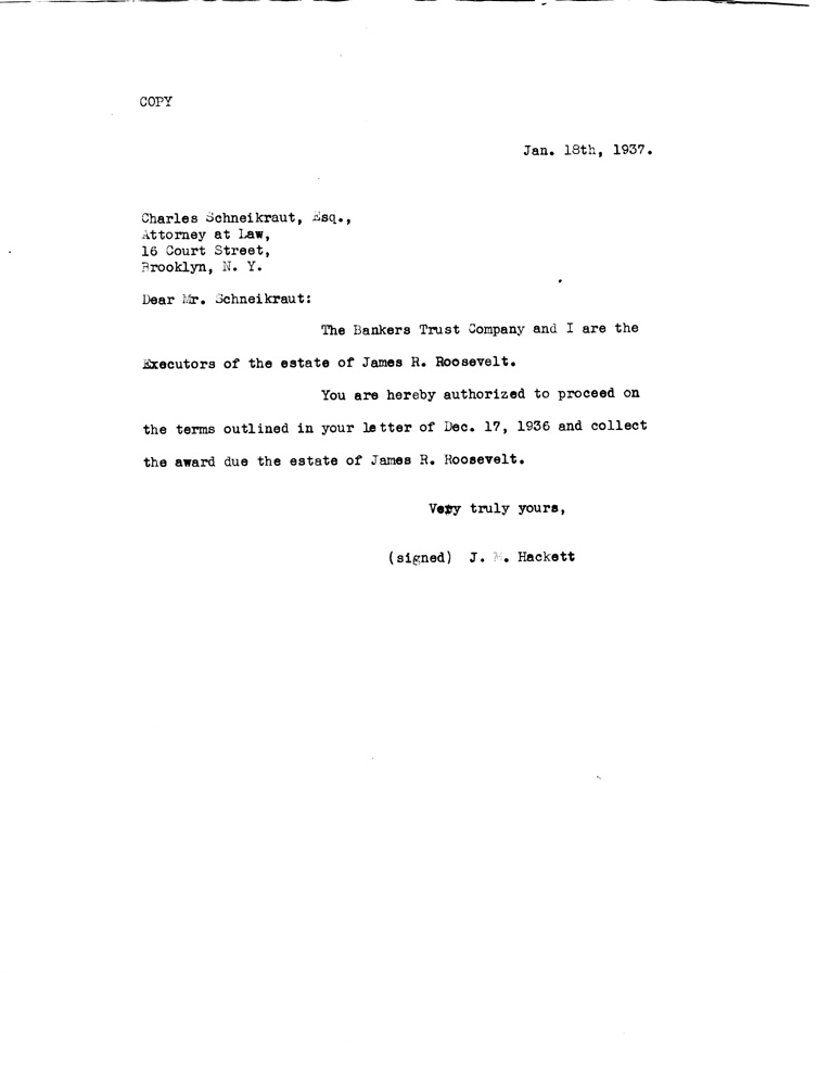 [a907by01.jpg] - Letter to Charles Schneikraut from J.M. Hackett  January 18, 1937