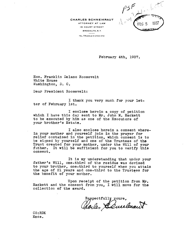 [a907cf01.jpg] - Letter to FDR from Schneikraut February 4, 1937