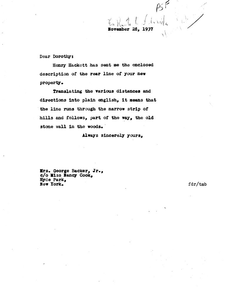 [a907cu01.jpg] - Letter to Dorothy Backer from FDR November 28, 1937
