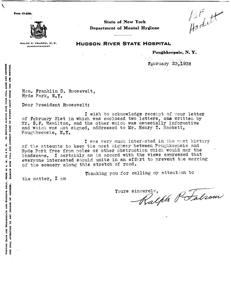 [a908ai01.jpg] - Letter to FDR from Hackett February 23, 1938