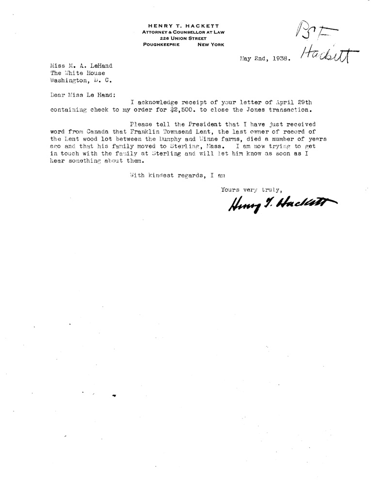 [a908bg01.jpg] - Letter to FDR from Hackett April 23, 1938