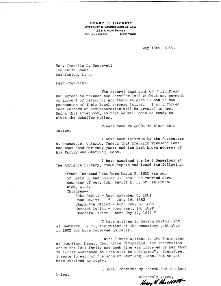 [a908bp01.jpg] - Letter to FDR from Hackett April 26. 1938
