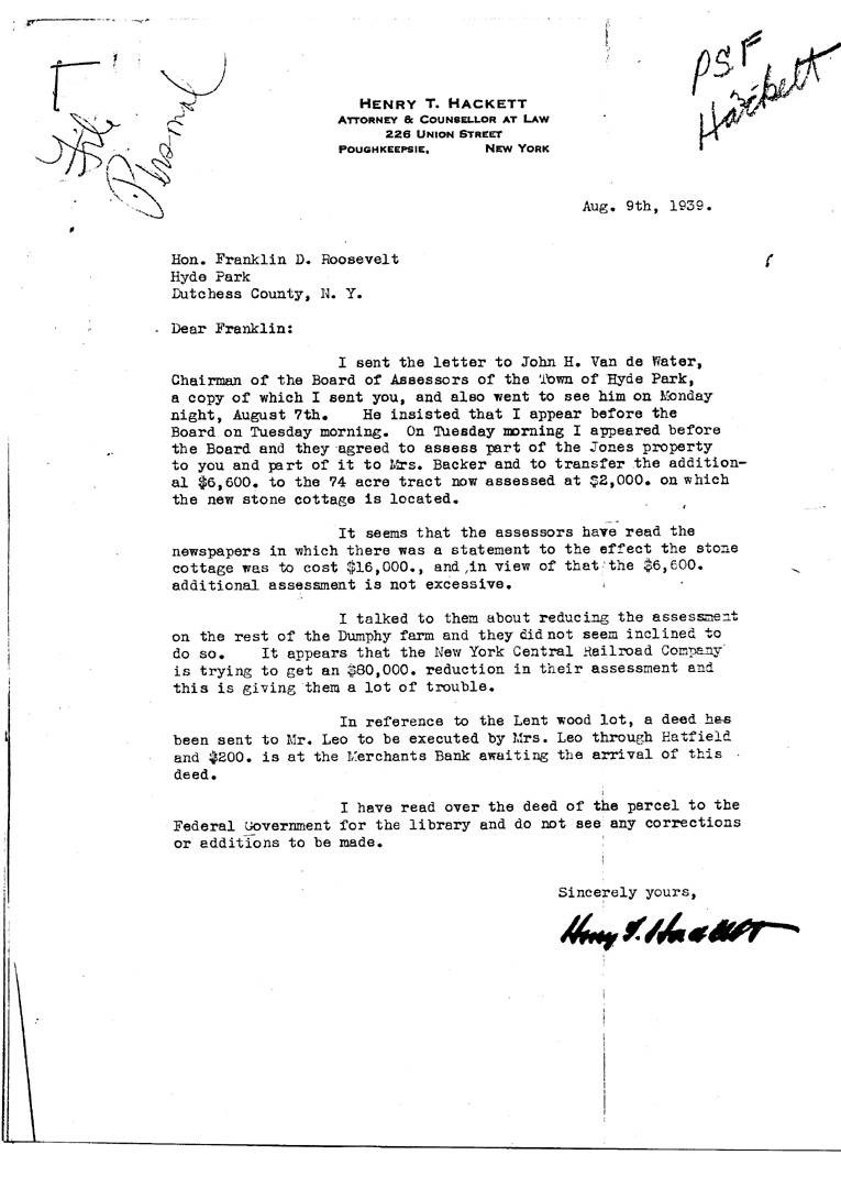 [a909af01.jpg] - Letter to FDR from Hackett August 9, 1939