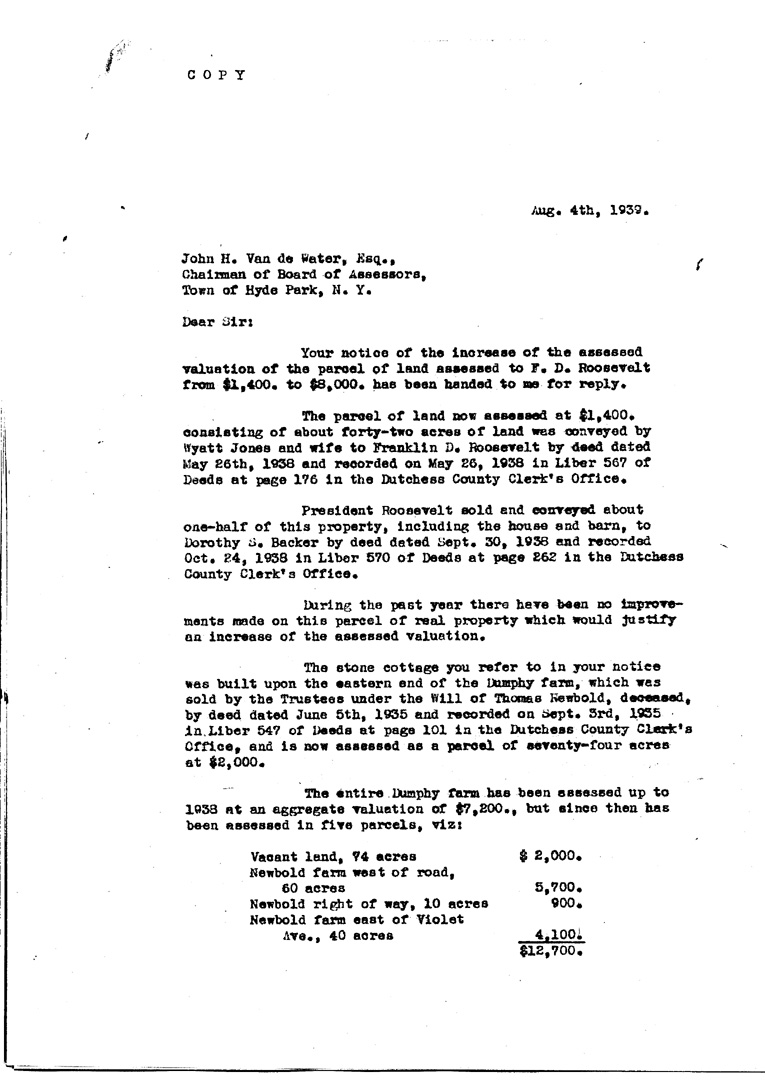[a909ah01.jpg] - Letter to John H. Van de Water, Esq. from Hackett August 4, 1939
