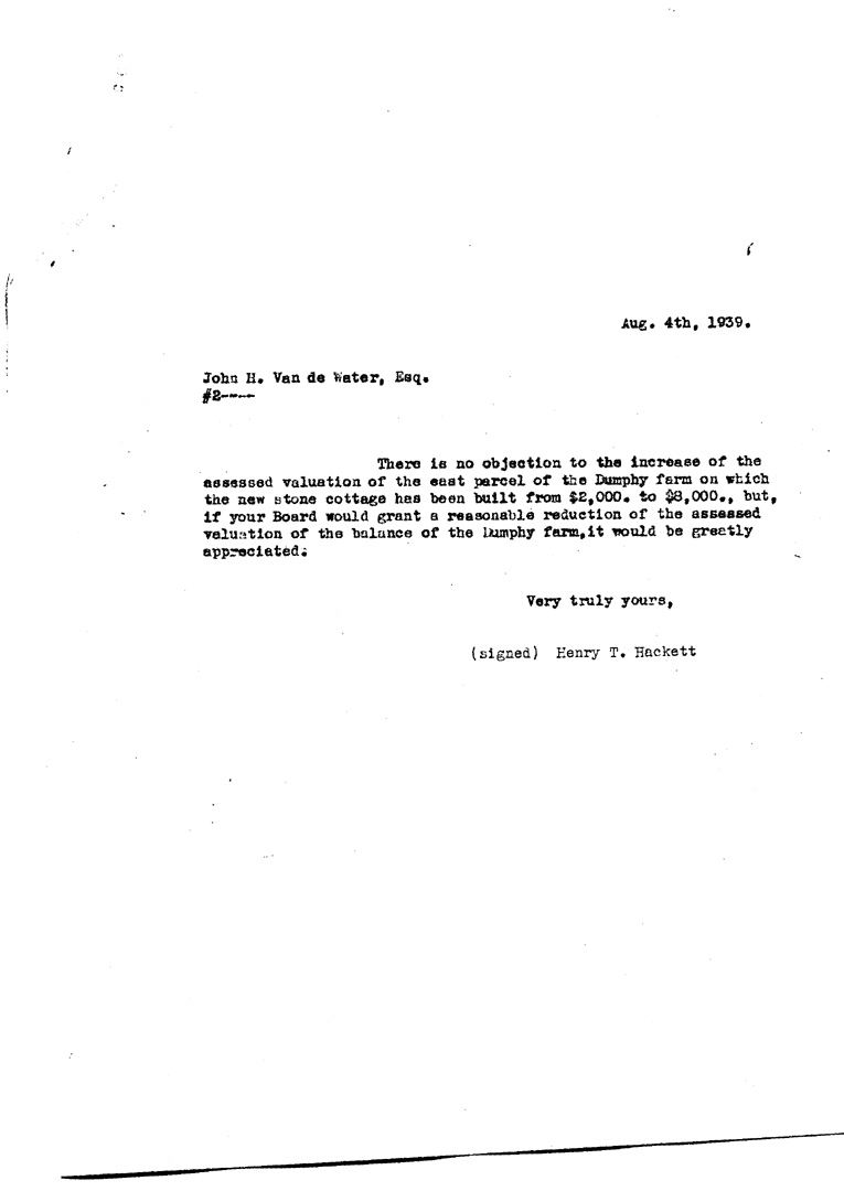 [a909ah02.jpg] - Letter to John H. Van de Water, Esq. from Hackett August 4, 1939