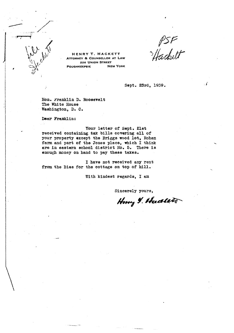 [a909ar01.jpg] - Letter to FDR from Hackett  September 23, 1939