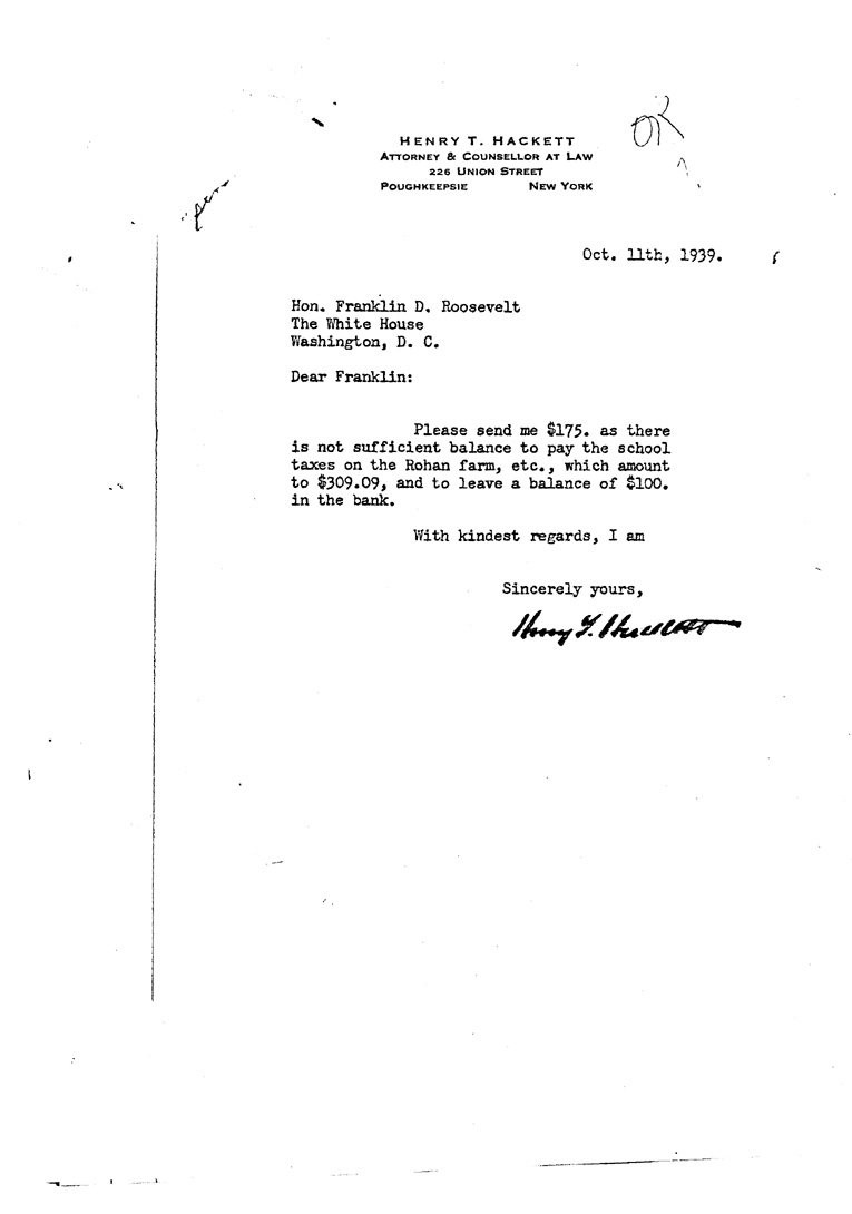 [a909au01.jpg] - Letter to FDR from Hackett October 11, 1939