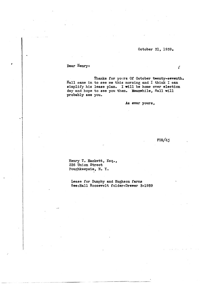 [a909aw01.jpg] - Letter to Hackett from FDR October 31, 1939