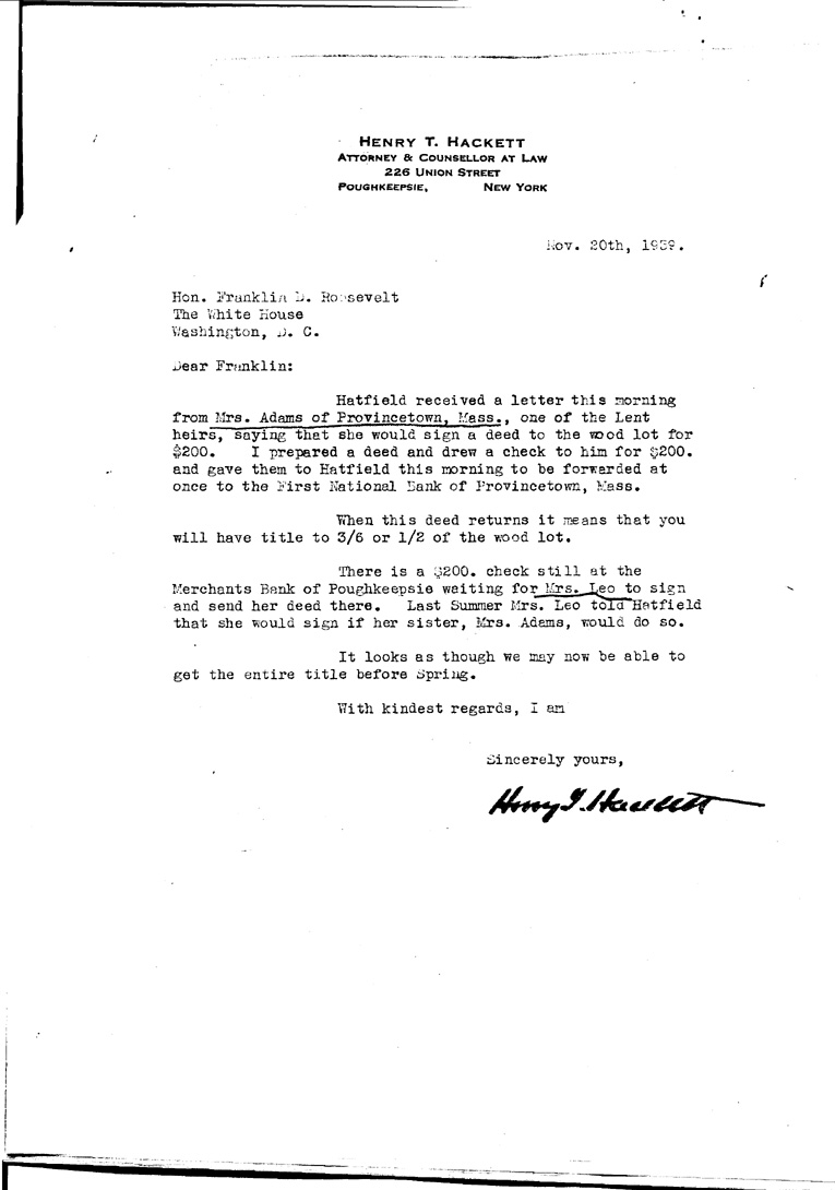 [a909bl01.jpg] - Letter to FDR from Hackett November 20, 1939