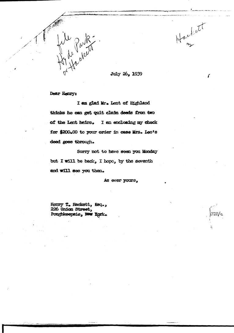 [a909bm01.jpg] - Letter to Hackett from FDR July 26, 1939