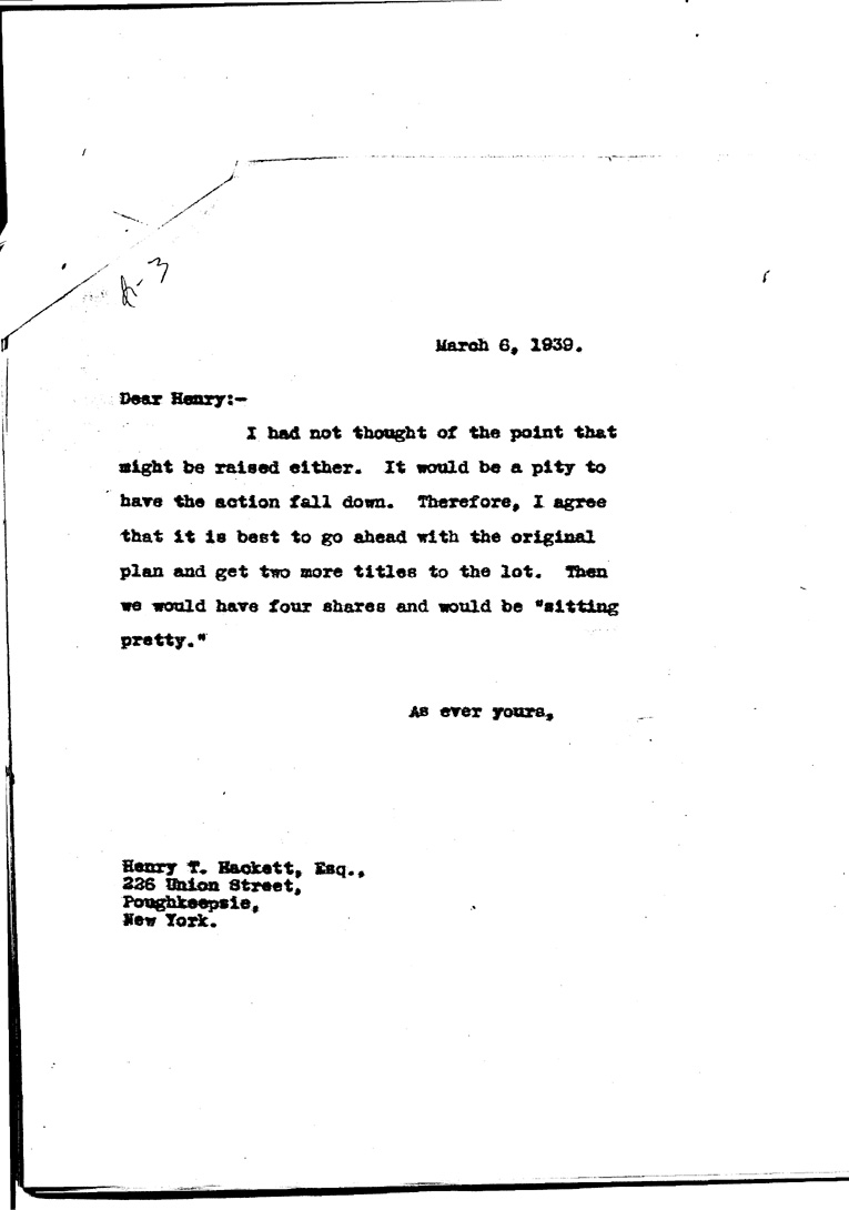 [a909bp01.jpg] - Letter to Hackett from FDRMarch 6, 1939