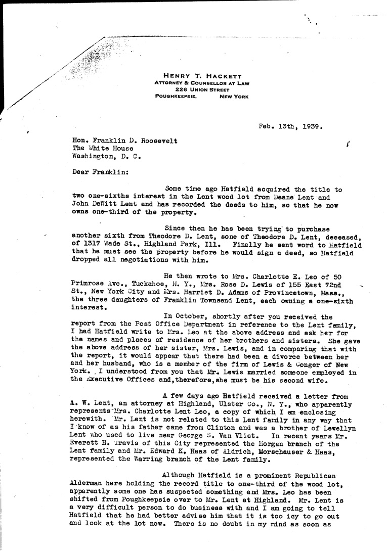 [a909bs01.jpg] - Letter to FDR from Hackett February 13, 1939