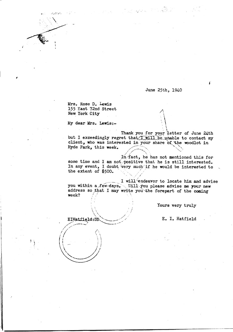 [a909bz01.jpg] - Letter toRose DewittLewis form E.I. Hatfield June 25, 1940