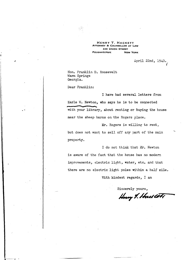 [a909cp01.jpg] - Letter to FDR from Hackett April 22, 1940