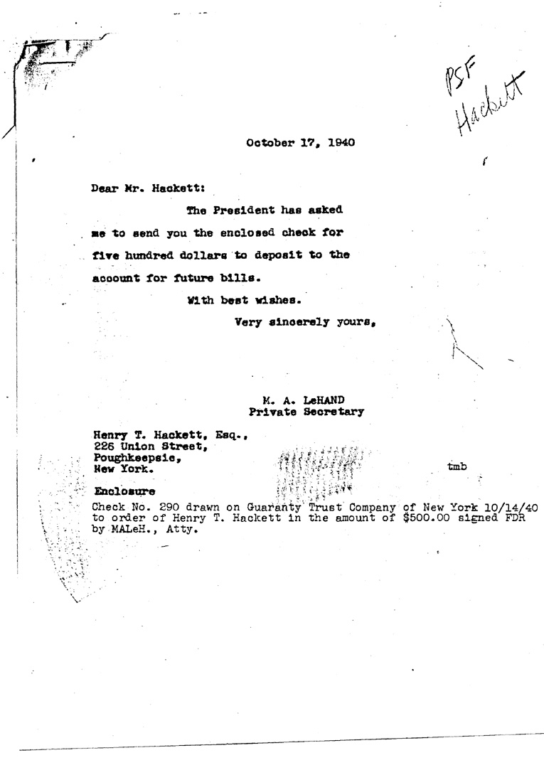 [a909cr01.jpg] - Letter to Hackett fromM.A.Le Hand October 17, 1940