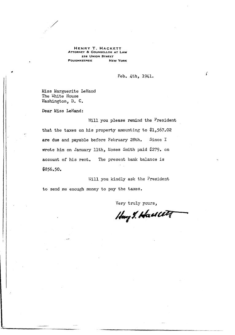 [a909da01.jpg] - Letter toM.A.LeHand from Hackett February 4, 1941