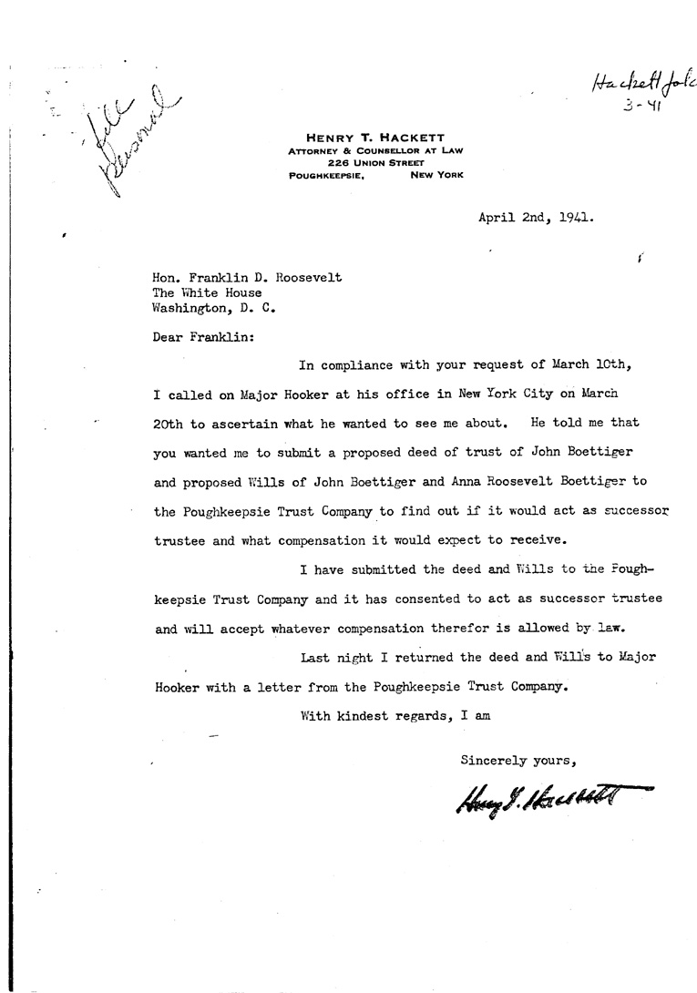 [a909df01.jpg] - Letter to FDR from Hackett April 2, 1941