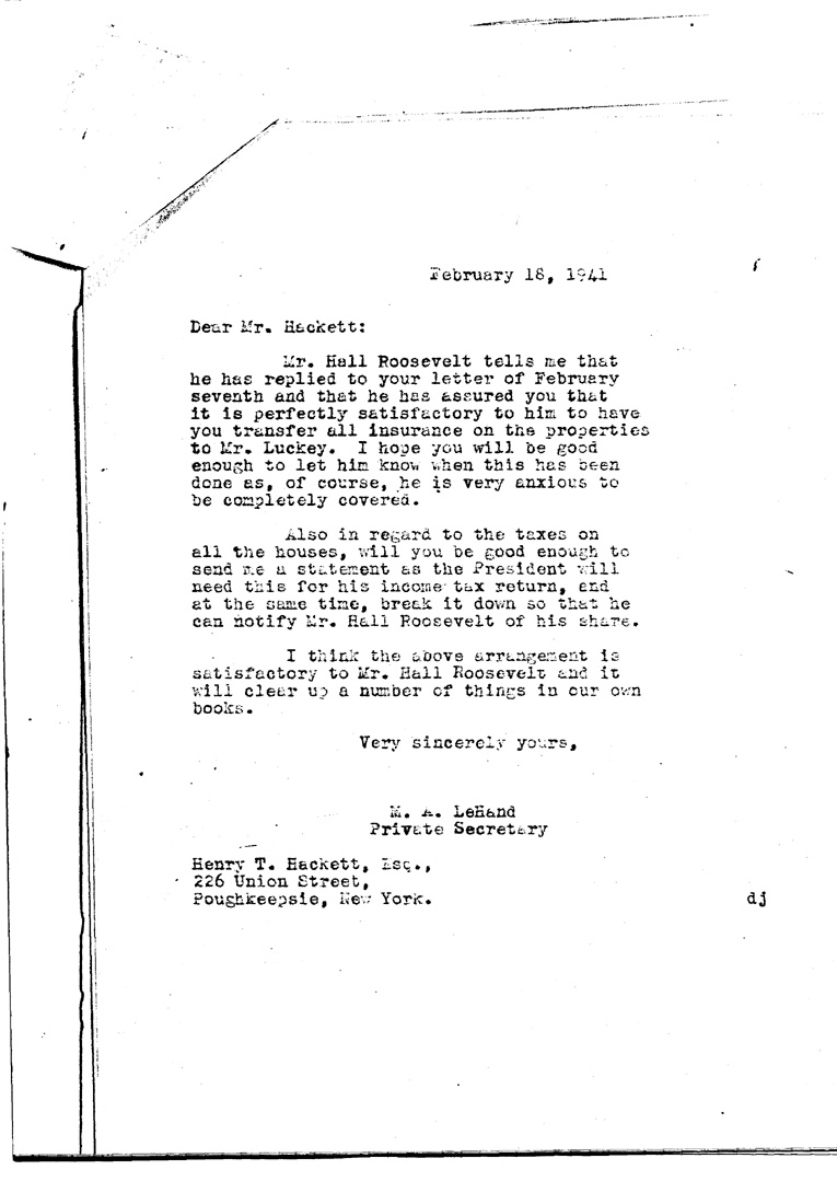 [a909dk01.jpg] - Letter to Hackett fromM.A.Le Hand February 18, 1941