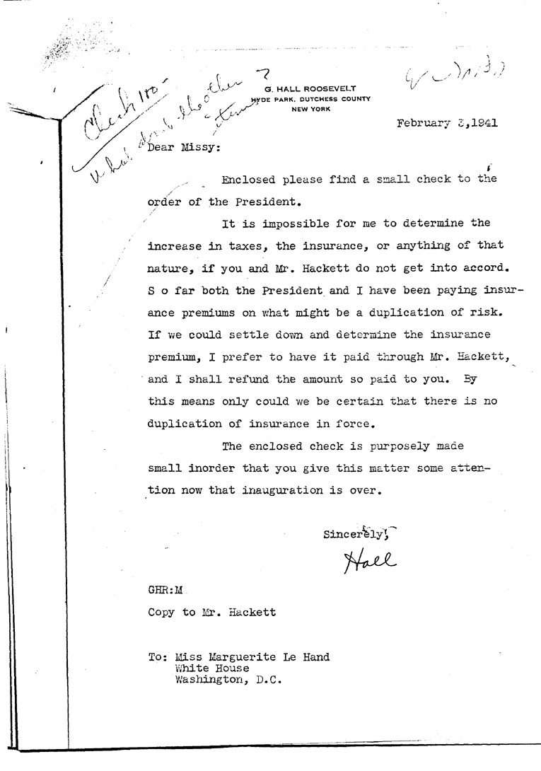 [a909do01.jpg] - Letter toMissy from G. HallRoosevelt February 3, 1941