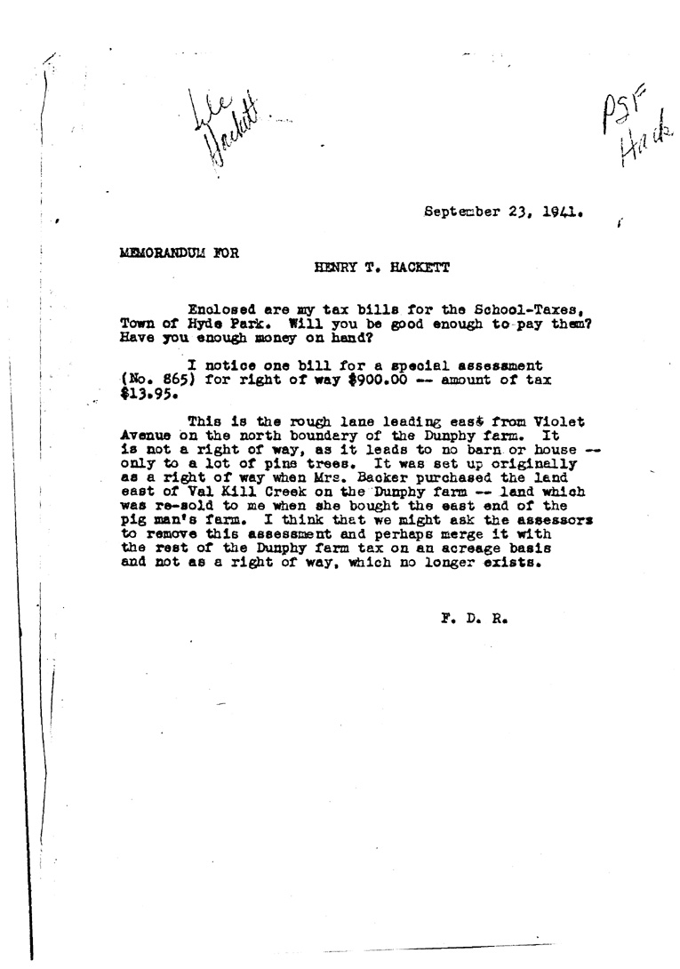 [a909dr01.jpg] - Memo for Hackett from FDR September 23, 1941