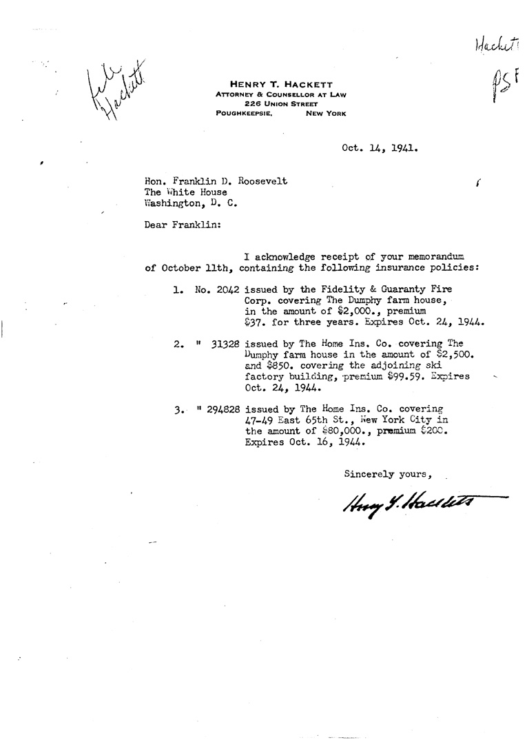 [a909ds01.jpg] - Letter to FDR from Hackett October 14, 1941