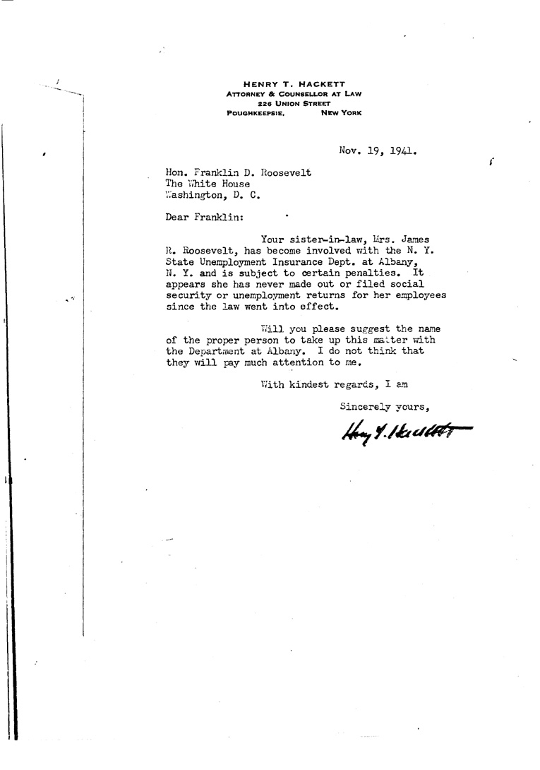 [a909du01.jpg] - Letter to FDR from Hackett November 19, 1941