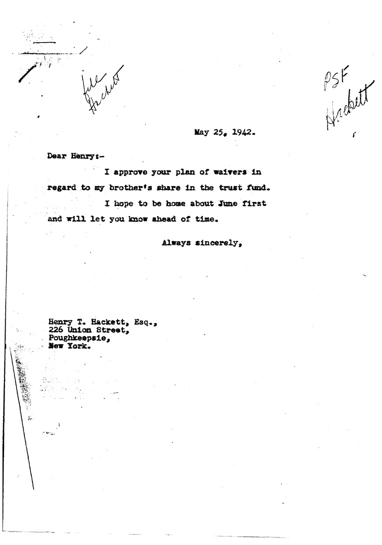 [a909dv01.jpg] - Letter to Hackett from FDRMay 25, 1942