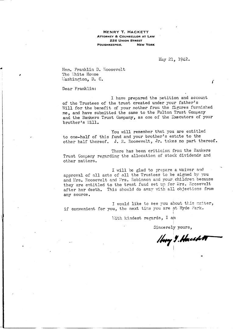 [a909dw01.jpg] - Letter to FDR from HackettMay 21, 1942