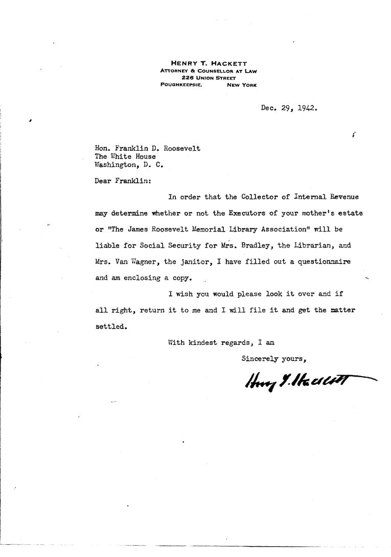 [a909eb01.jpg] - Letter to FDR from Hackett December 29, 1942