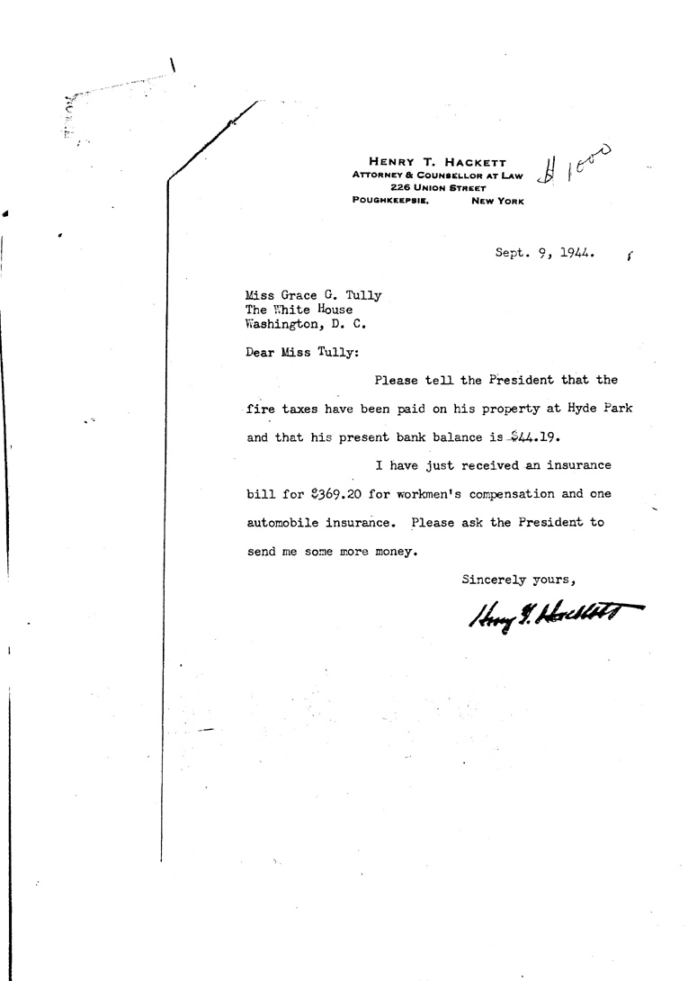 [a909ej01.jpg] - Letter toMiss Tully from Hackett  September 9, 1944