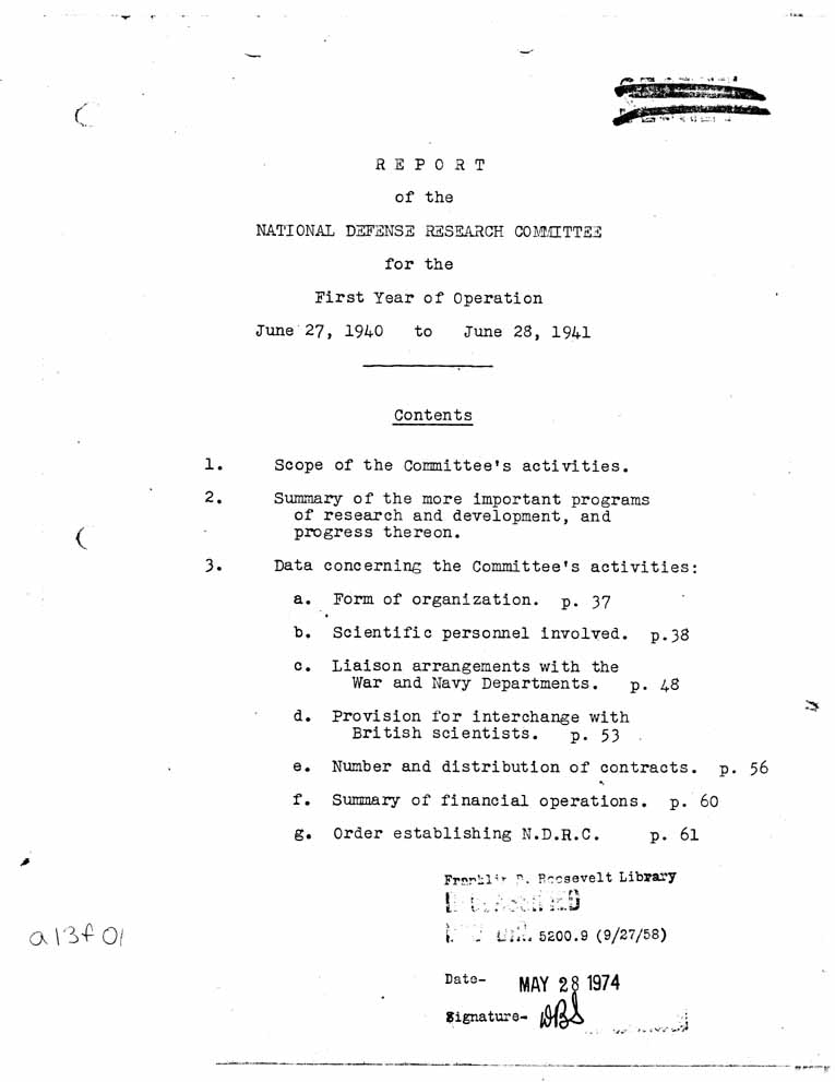 [a13f01.jpg] - Report of the National Defense Research Committee-6/27/40-6/28/42