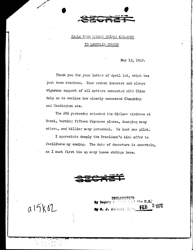 [a15k02.jpg] - Calls from Madame Chiang-Kai-Shek To Lauchlin Currie May 13th 1942 - Contents