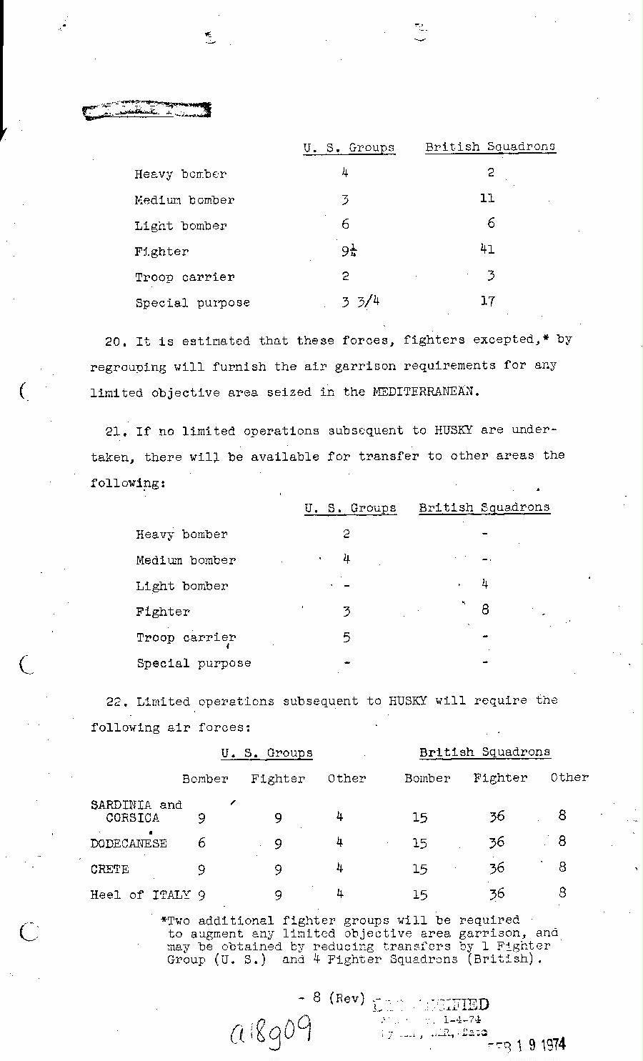 [a18g09.jpg] - Joint Chiefs of Staff, Defensive Garrisons Required and Available for  Transfer to other Areas or for Limited Offensives in the Mediterrean 1943-44 May 7, 1943 (J.C.S. 294)