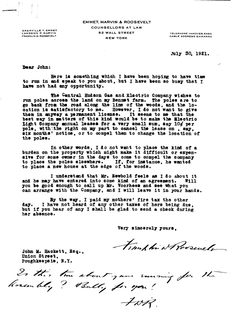 [a901ad01.jpg] - Letter between John Hackett and F.D.R., July 30, 1921